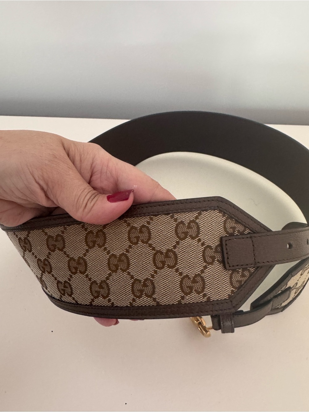 Gucci Beige and Brown GG Canvas Belt with Gold Double G Buckle - Picture 5 of 12
